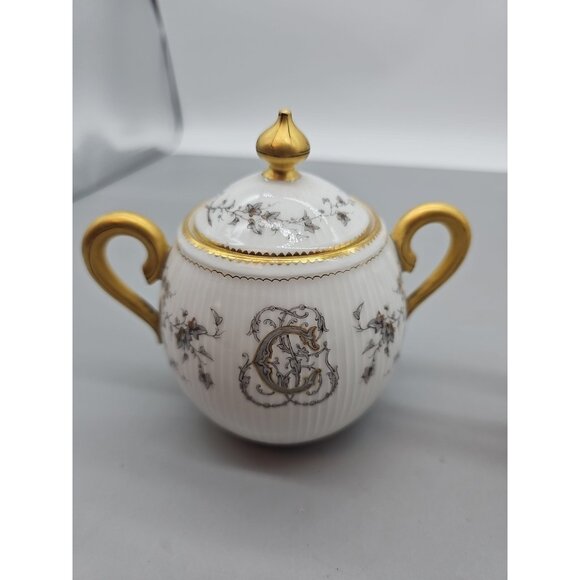 Vintage Painted Gold Guilded Cream & Sugar Set A.C.F Marked With Lids
